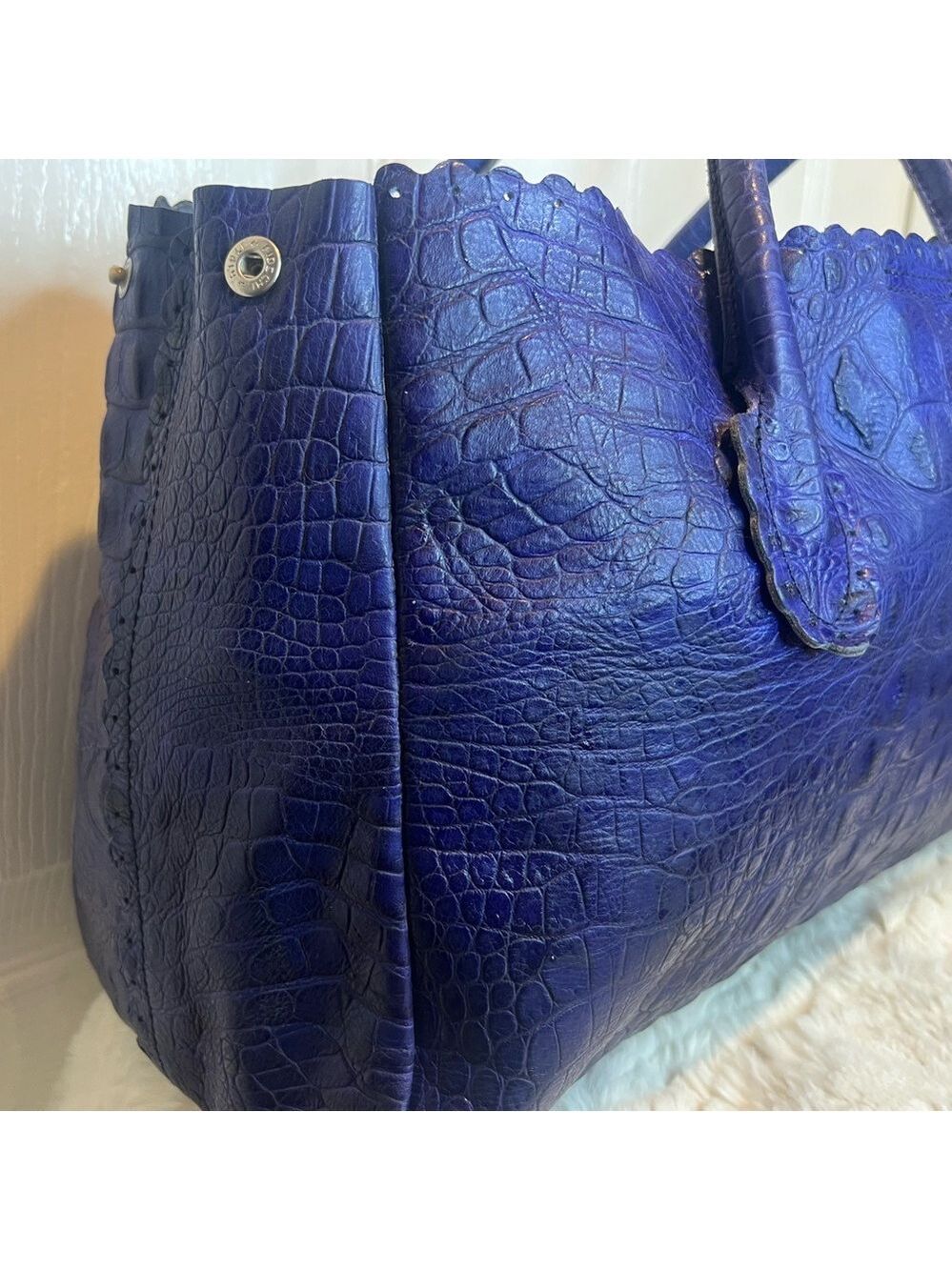 FURLA LEATHER (CANDY BAG) CROCODILE EMBOSSED SATCHEL TOTE PURPLE/BLUE - Picture 2 of 15